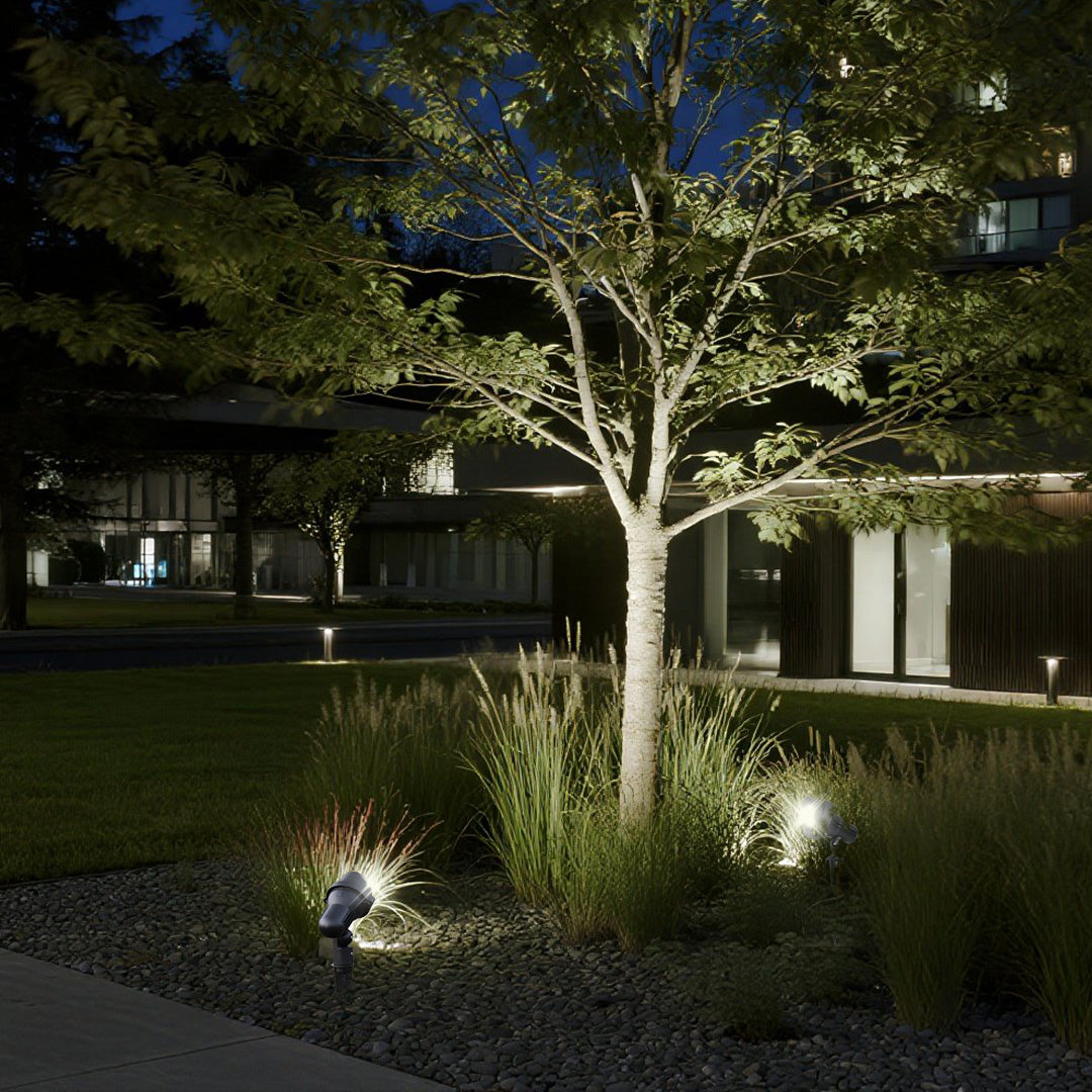 Minimalist LED Ground Stake Spotlight — Aluminum, 12W CREE LED, 3000K, IP65 Weatherproof