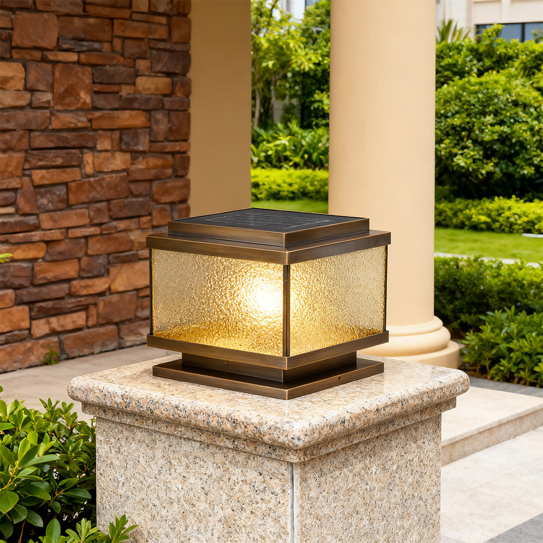 All-Copper Garden Pillar Light — Transparent Glass, Solar / Hardwired, Three-Color Dimming, Remote, 2200mAh, 4 Sizes