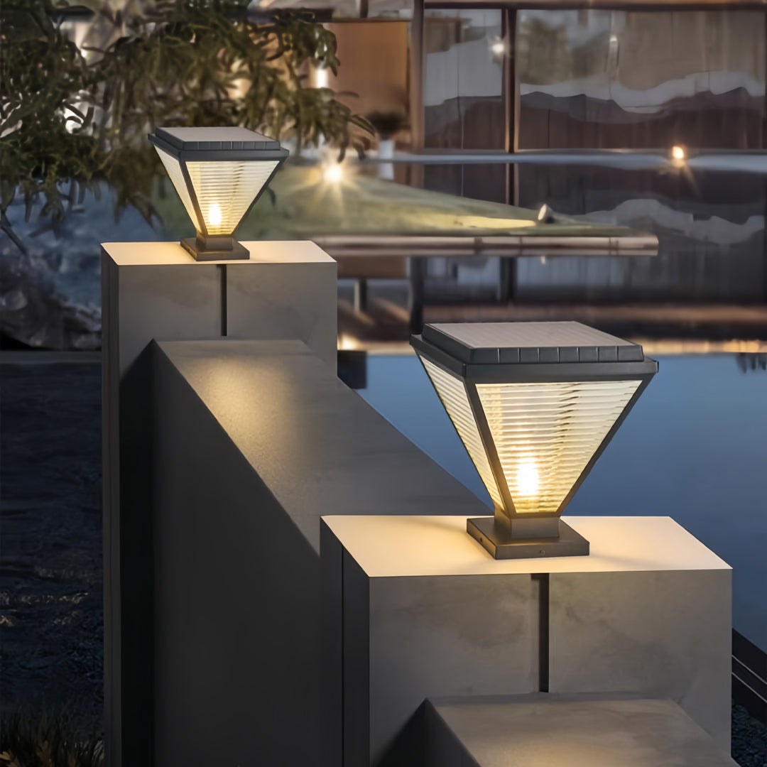 Modern Outdoor LED Pillar Light — Black Aluminum and Clear Glass, Solar / Hardwired, IP65, 4 Sizes