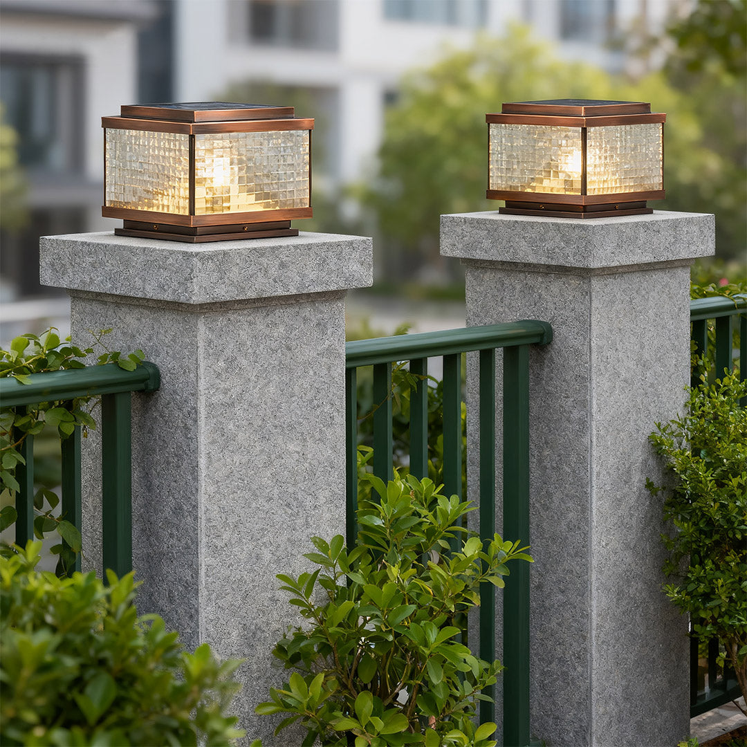 All-Copper Outdoor Pillar Cap Light — Transparent Glass, Solar / Hardwired, Four-Color Remote Control, 2200mAh, Four Sizes