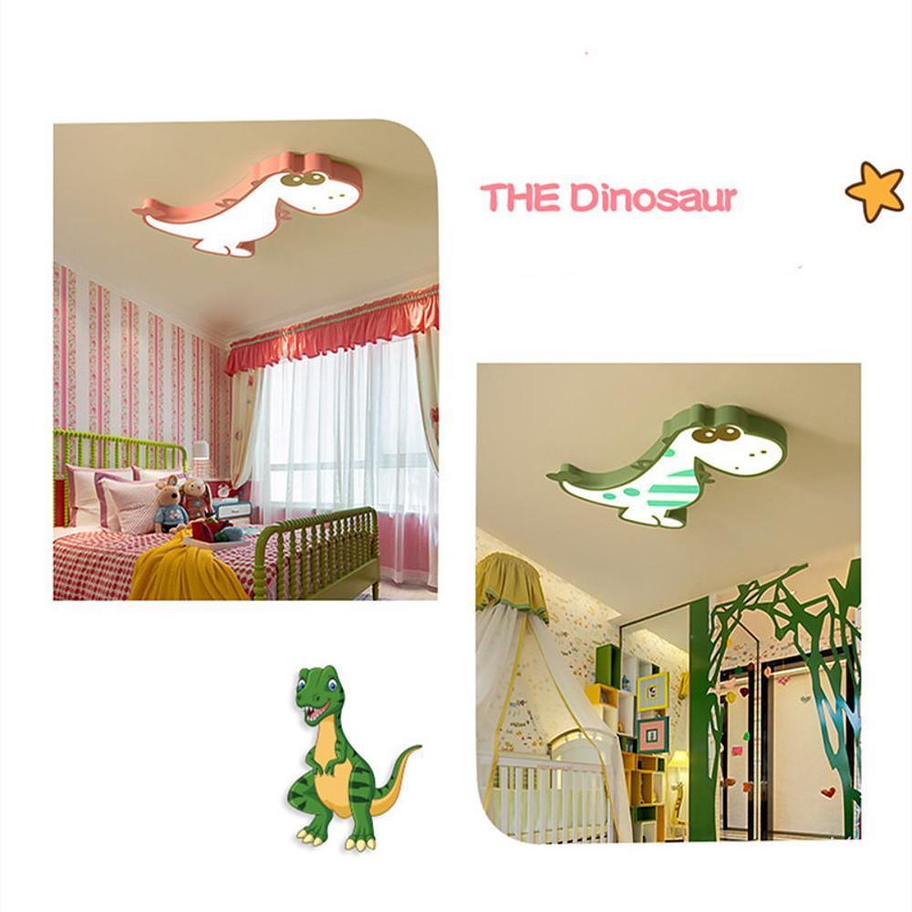 Cartoon Dinosaur LED Flush-Mount Ceiling Light — Metal, Dimmable with Remote, Pink or Green, 24" × 22"