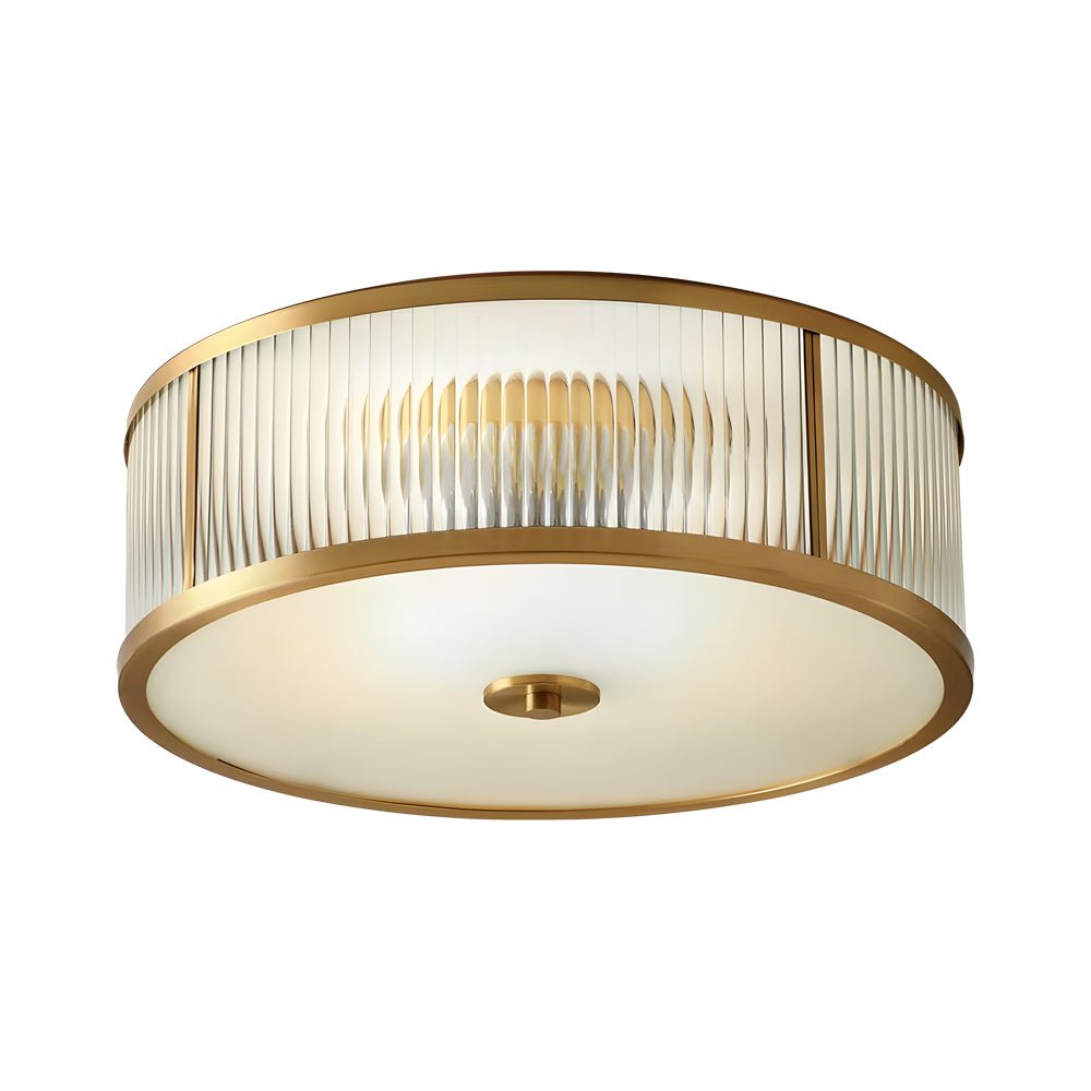 Drum Flush-Mount Ceiling Light — Burnished Brass, Clear Ribbed Glass, E27, 13.8" or 17.7"