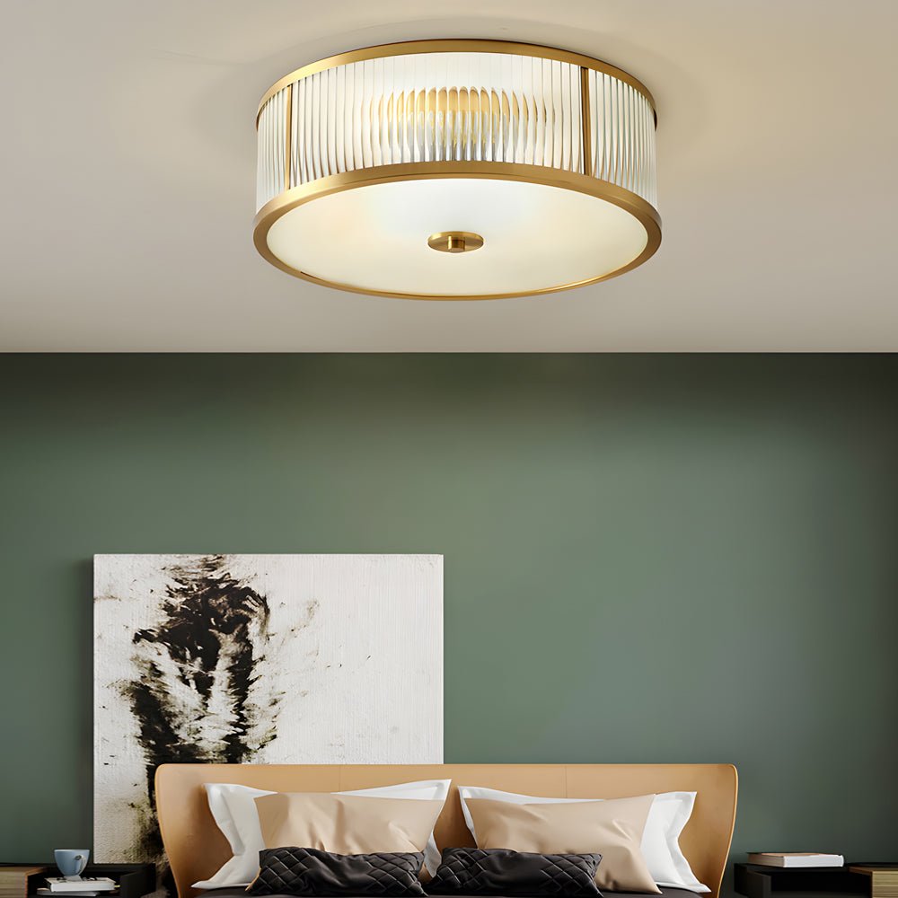 Drum Flush-Mount Ceiling Light — Burnished Brass, Clear Ribbed Glass, E27, 13.8" or 17.7"