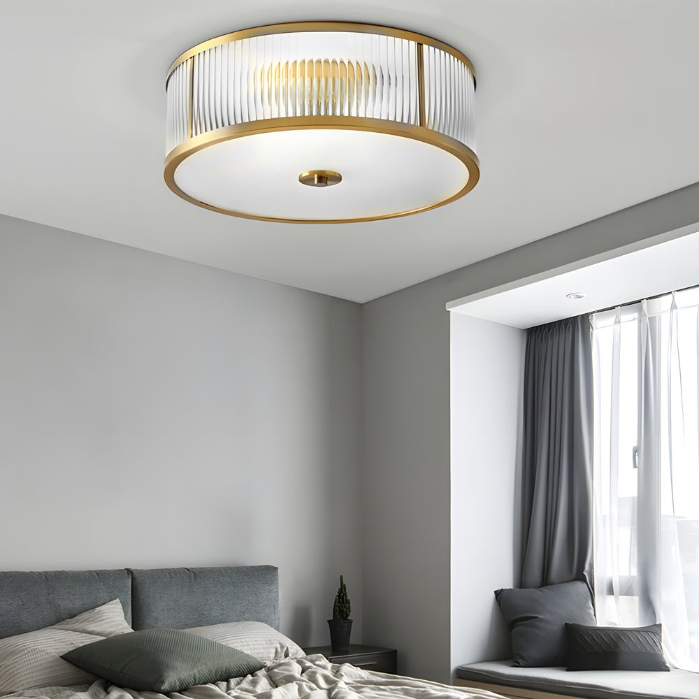 Drum Flush-Mount Ceiling Light — Burnished Brass, Clear Ribbed Glass, E27, 13.8" or 17.7"