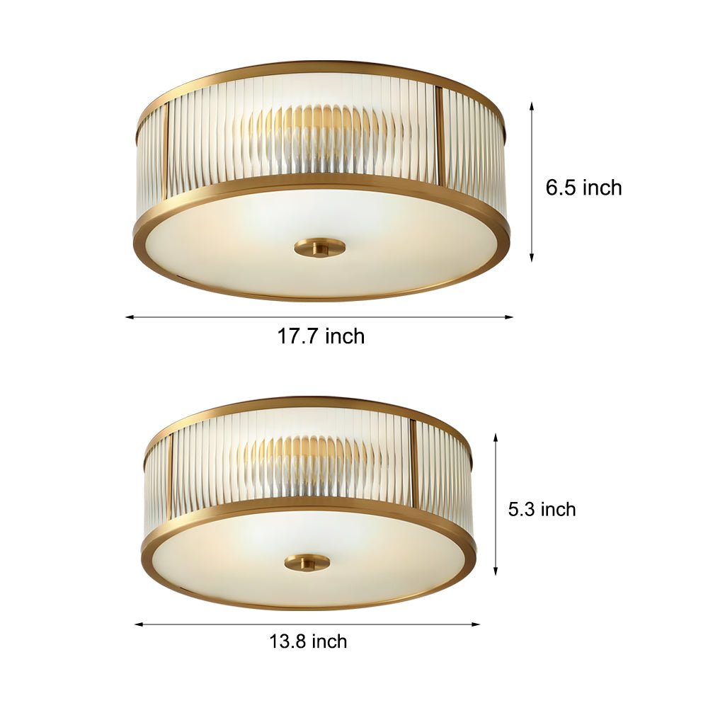 Drum Flush-Mount Ceiling Light — Burnished Brass, Clear Ribbed Glass, E27, 13.8" or 17.7"