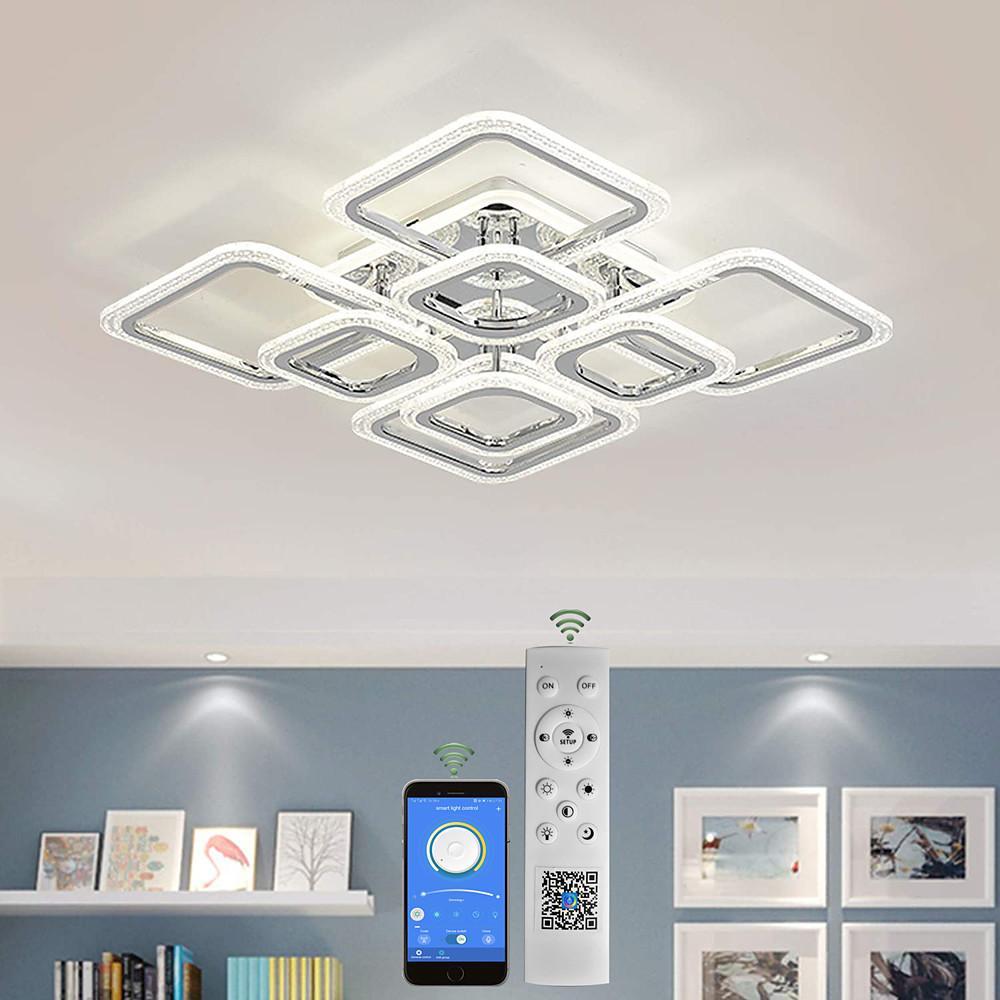 5-Light Square Flush-Mount Ceiling Light — Acrylic, Chrome & White, Dimmable LED, 3000K/4500K/6000K, Remote Control, 22"