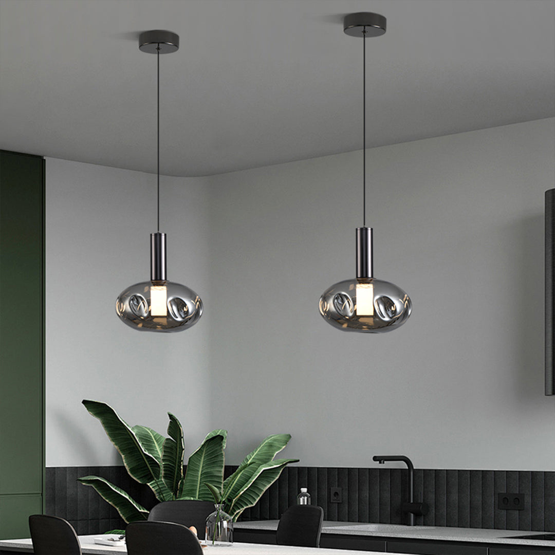 Minimalist Branch Drum Pendant Light — Wrought Iron, Smoke Grey Glass, Three-Color Dimming, Adjustable Chain