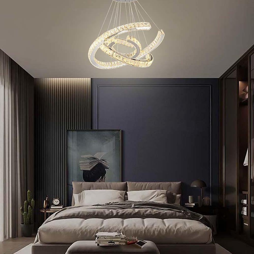 Crystal Wave Chandelier — Stainless Steel, 3-Light LED, 24" Wide, Adjustable 39" Cord