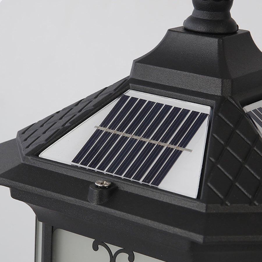 Retro Lantern Outdoor Gate Pillar Light — Die-Cast Aluminum, Frosted Glass, Solar or Hardwired, Black or Bronze