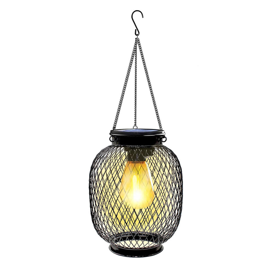 Vintage Solar Hanging Lantern — Black Iron Mesh, Warm White 2700K, Dusk-to-Dawn, Round or Oval