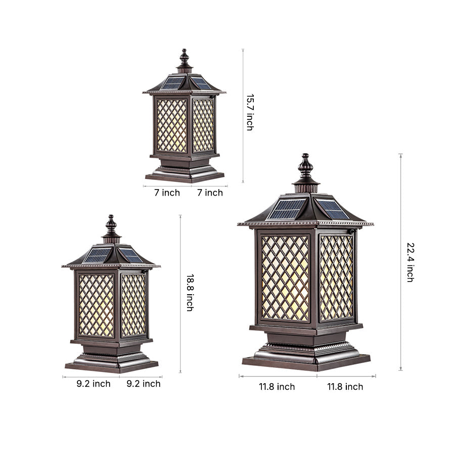 Lantern-Style Outdoor Pillar Light — Aluminum & Glass, Solar or Hardwired, 3-Step Dimming (3000K/4500K/6000K), IP65, E27