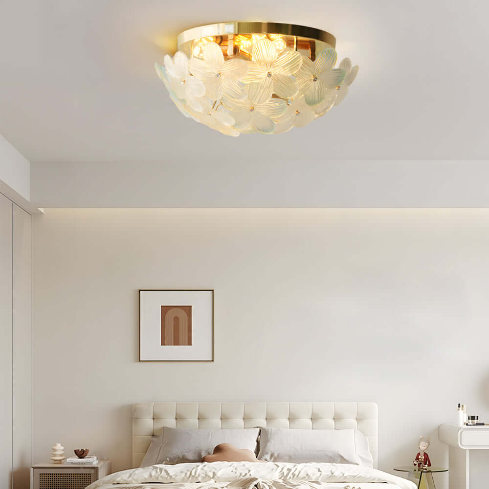 French Petal Glass Semi Flush-Mount — Iron Body, E14, 6-Light or 9-Light, Pink / Blue / Mint Green