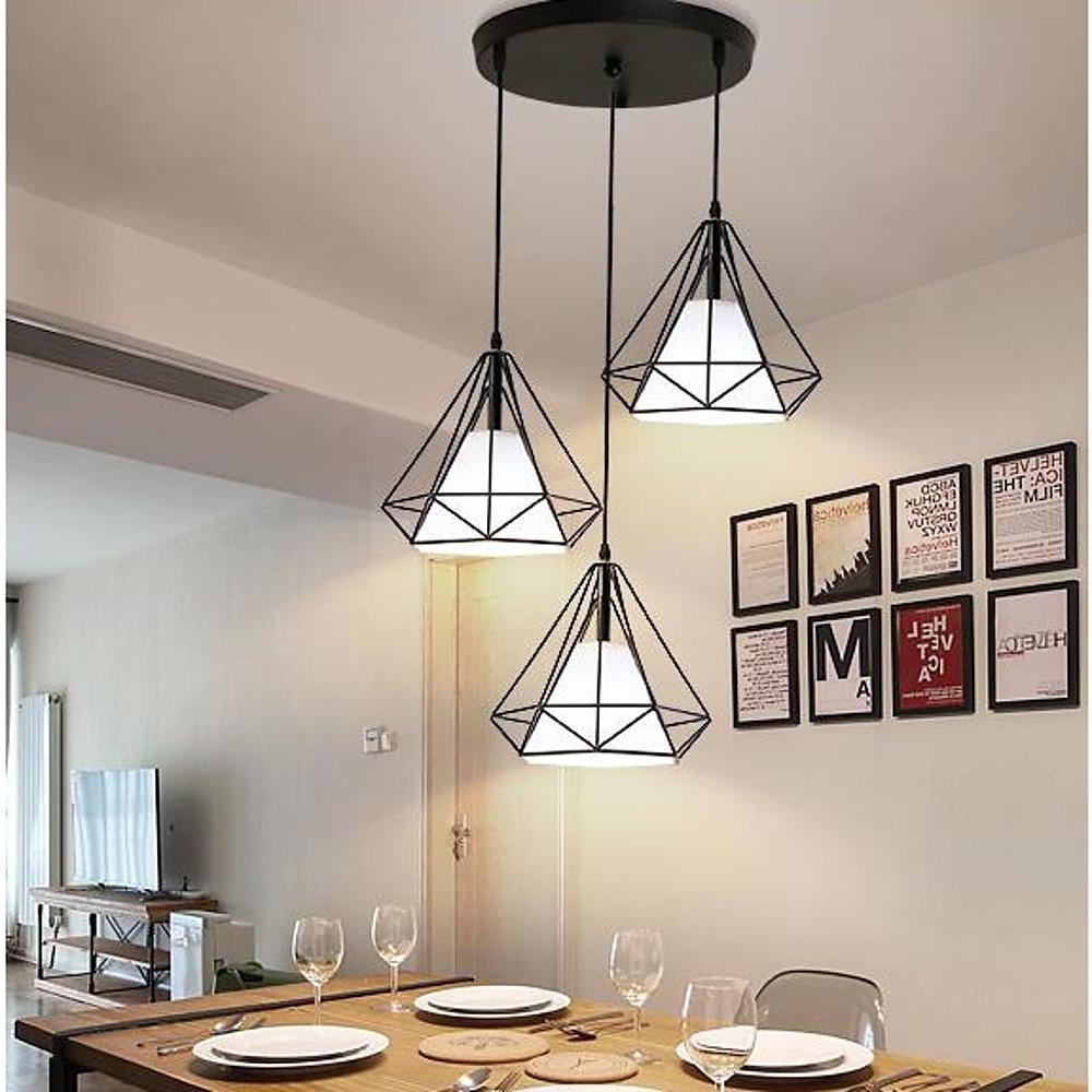 Geometric Metal and Fabric Lantern Cluster Pendant — Black Finish, 3-Light LED, 6000K, 20" Wide