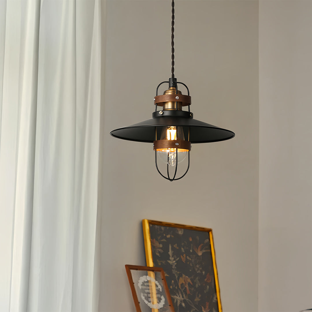 Industrial Vintage Mini Pendant — Black Iron and Walnut Wood, E27, Adjustable 1.8m Chain