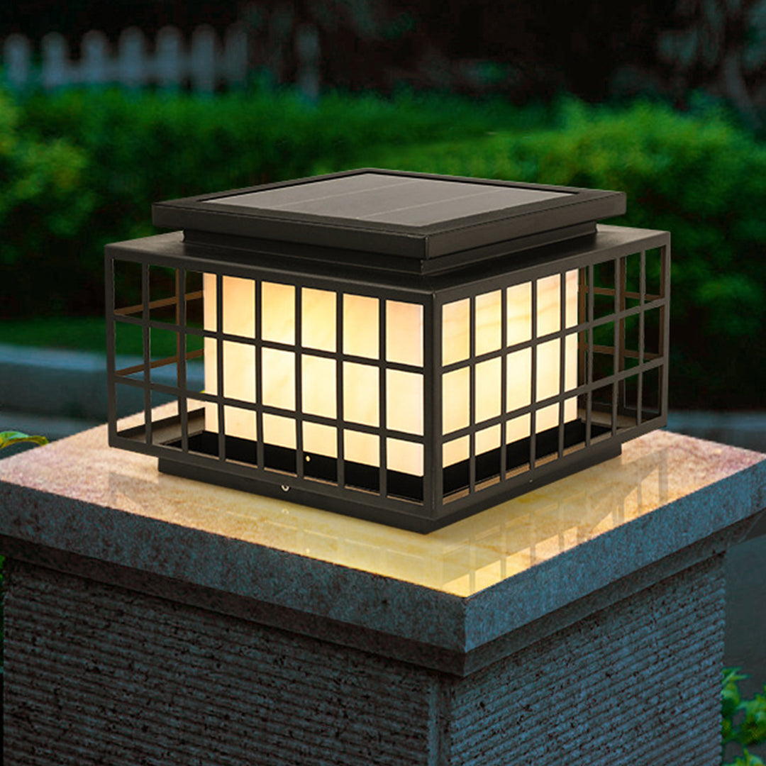 Modern Square Solar Pillar Light — Stainless Steel, Faux Alabaster, LED, 3-Color Dimming, Remote, IP65