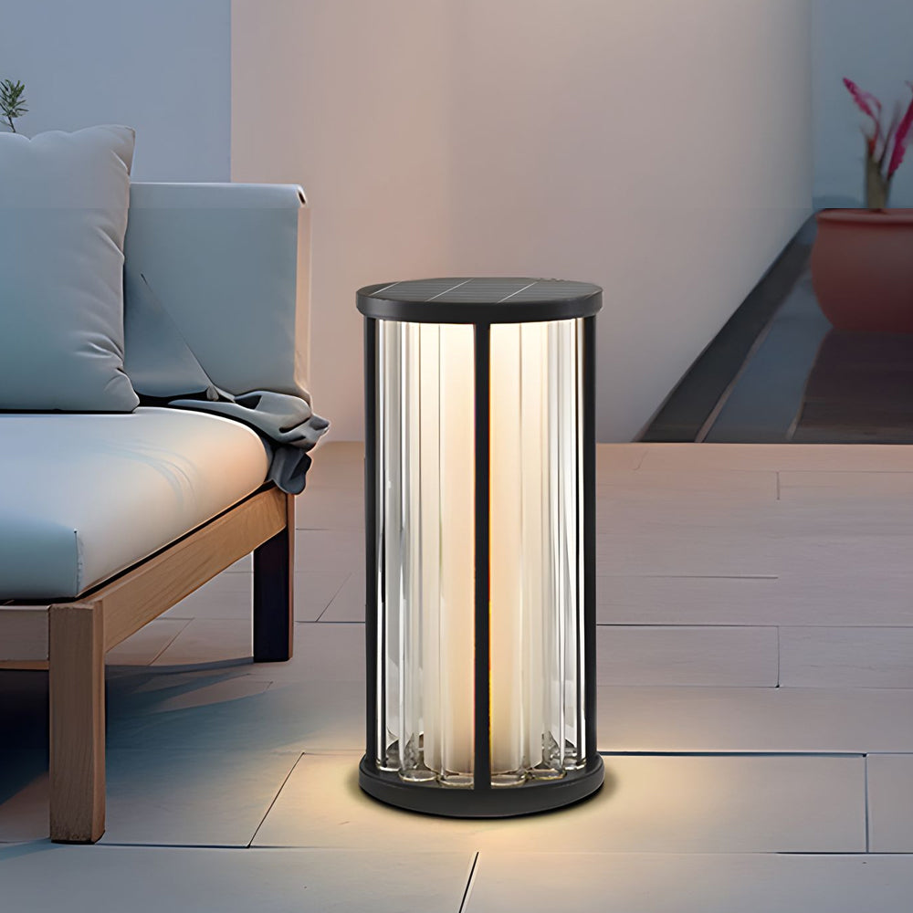 Cylinder Outdoor Lantern — Stainless Steel & Acrylic Crystal, 4W LED, 3000K, IP65, Solar / Hardwired, Pendant or Lawn Stake