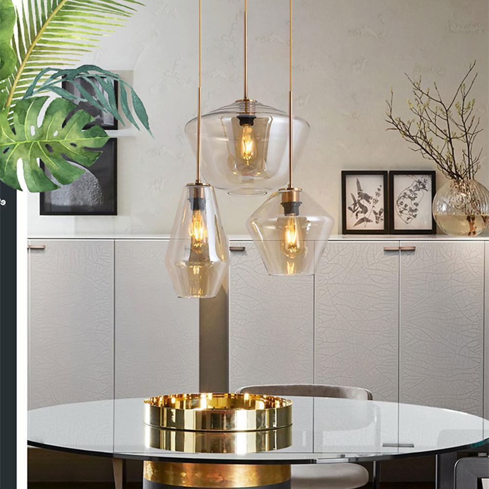 3-Light Retro Glass Pendant — Metal Base, LED Warm White 3200K, 12" Diameter, Kitchen Island