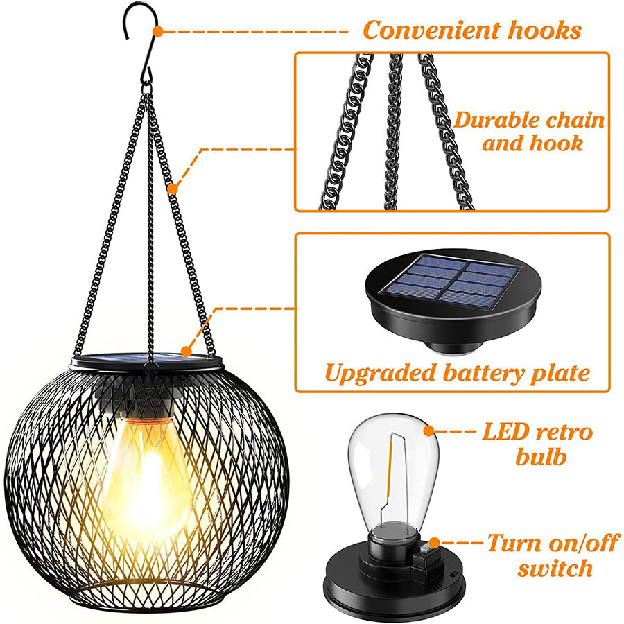Vintage Solar Hanging Lantern — Black Iron Mesh, Warm White 2700K, Dusk-to-Dawn, Round or Oval