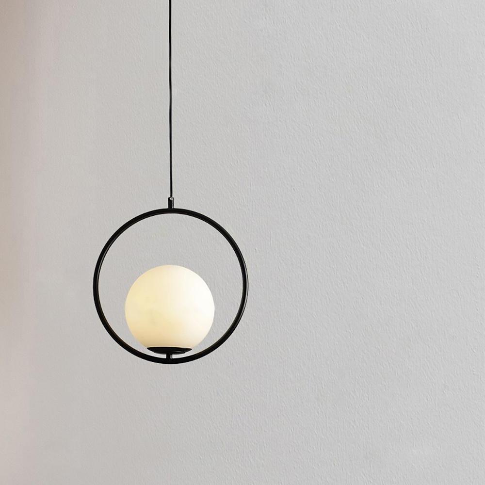 Opal Glass Ball Mini Pendant — Circular Metal Ring, LED, 13.8" Diameter, Adjustable to 59"