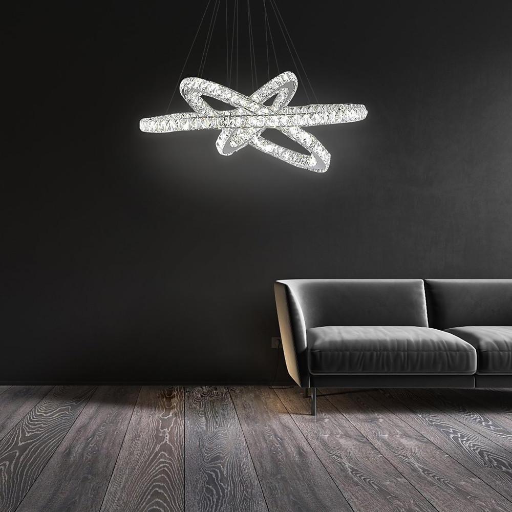 Interwoven Geometric Ring Crystal Chandelier — Chrome, Dimmable LED, 3000K/6000K, Remote Control, 28"
