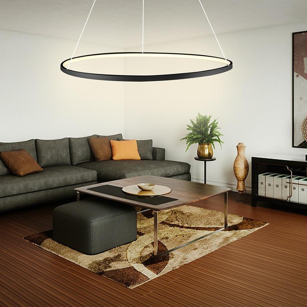 Round Geometric Single-Ring Pendant Chandelier — Black Metal & Acrylic, 30W LED, Dimmable 3000K–6000K, Remote, 31"