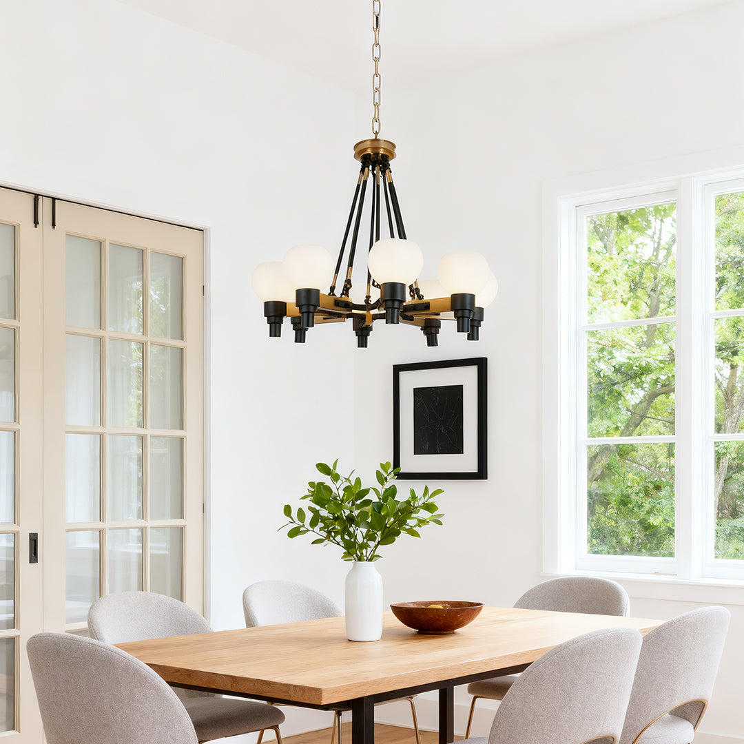 8-Light Bean Globe Chandelier — Black Metal, Transparent Glass, 29.9" Diameter, Hardwired