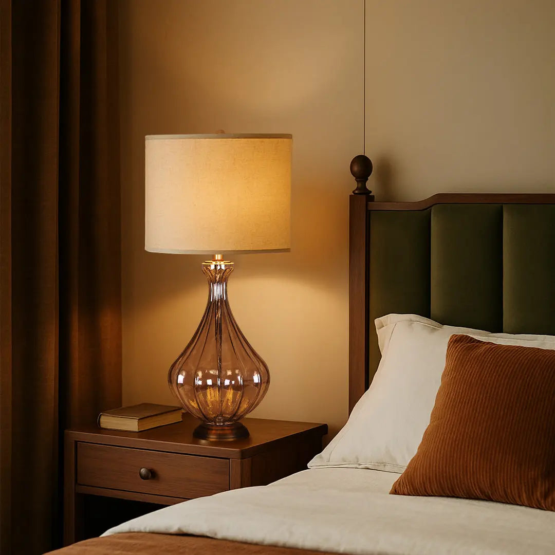 Classic Linen Shade Table Lamp with a Sculptural Glass Base Luxe