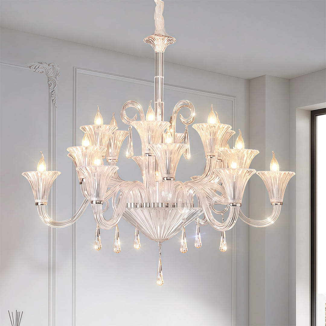 French Art Glass Chandelier — Clear Glass & Metal, 3-Step Dimming, E14, 12-Light or 18-Light