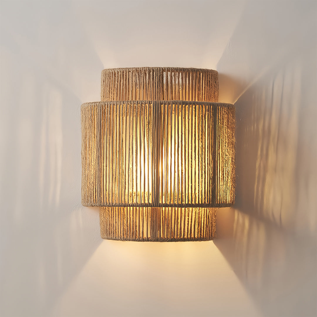 Wabi-Sabi Wall Sconce — Hemp Rope and Metal, E27, 3000K Warm LED, 9" × 9.8"