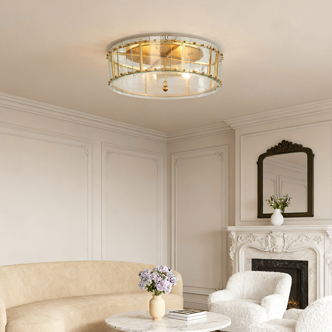Round Geometric Flush-Mount Ceiling Light — Gold, Transparent Glass Shade, E12 Multi-Light, 24"