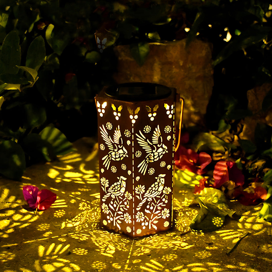 Hollow-Out Hexagonal Solar Outdoor Lantern — Copper-Red Wrought Iron, 0.5W Warm LED, IP44, 600mAh, Nature Motifs