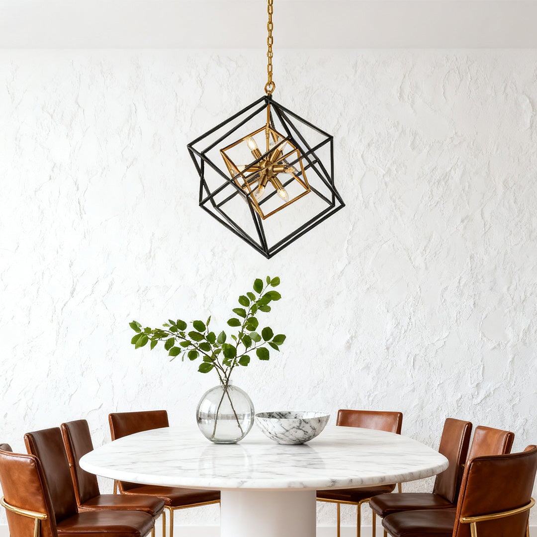 Industrial Square Pendant Light — Black and Gold Iron, Acrylic Shade, E12, Adjustable Chain, 26"