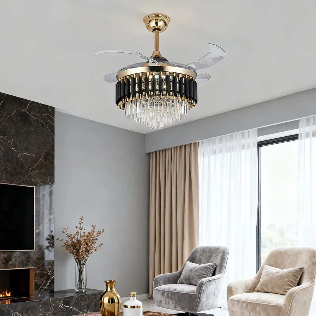 Luxury Black Ceiling Fan with Light and Transparent PC Blades, Iron Construction Luxe