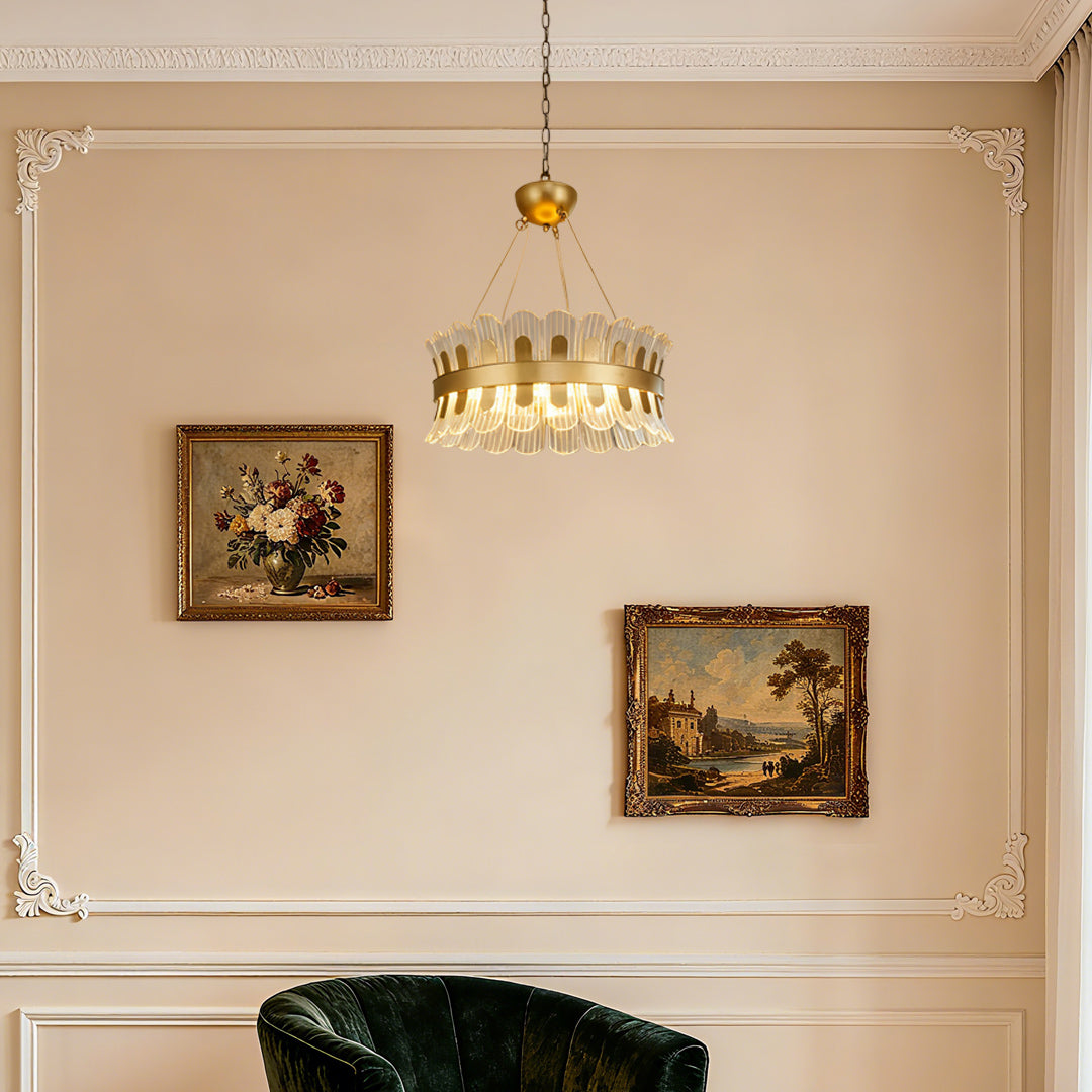 Round LED Chandelier — Gold-Plated Metal, Acrylic & Glass Shade, 25W 3000K, 23.6" Diameter, Adjustable Suspension
