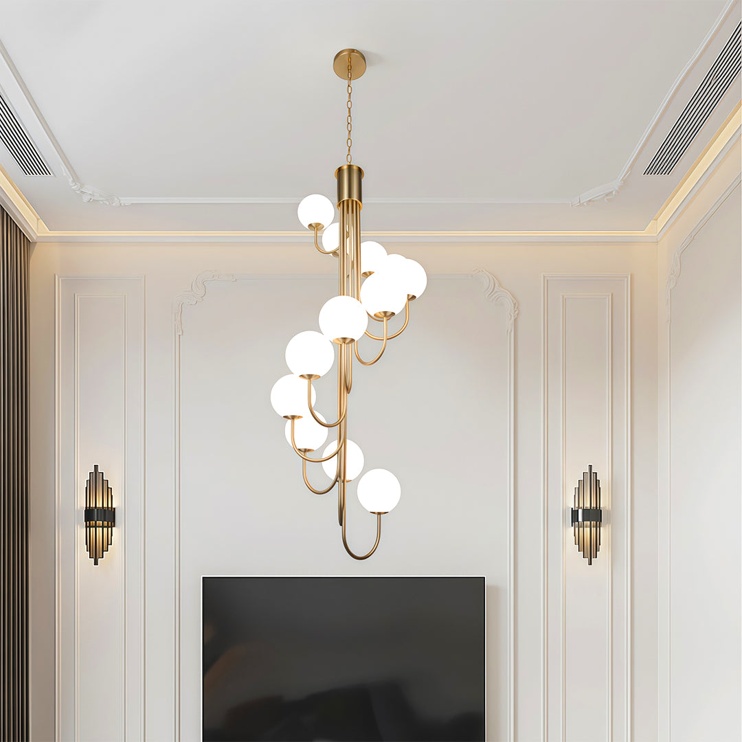 Spiral Globe Chandelier — Wrought Iron and Glass, 8- or 12-Light, Gold or Black, 3-Step Dimming, E14