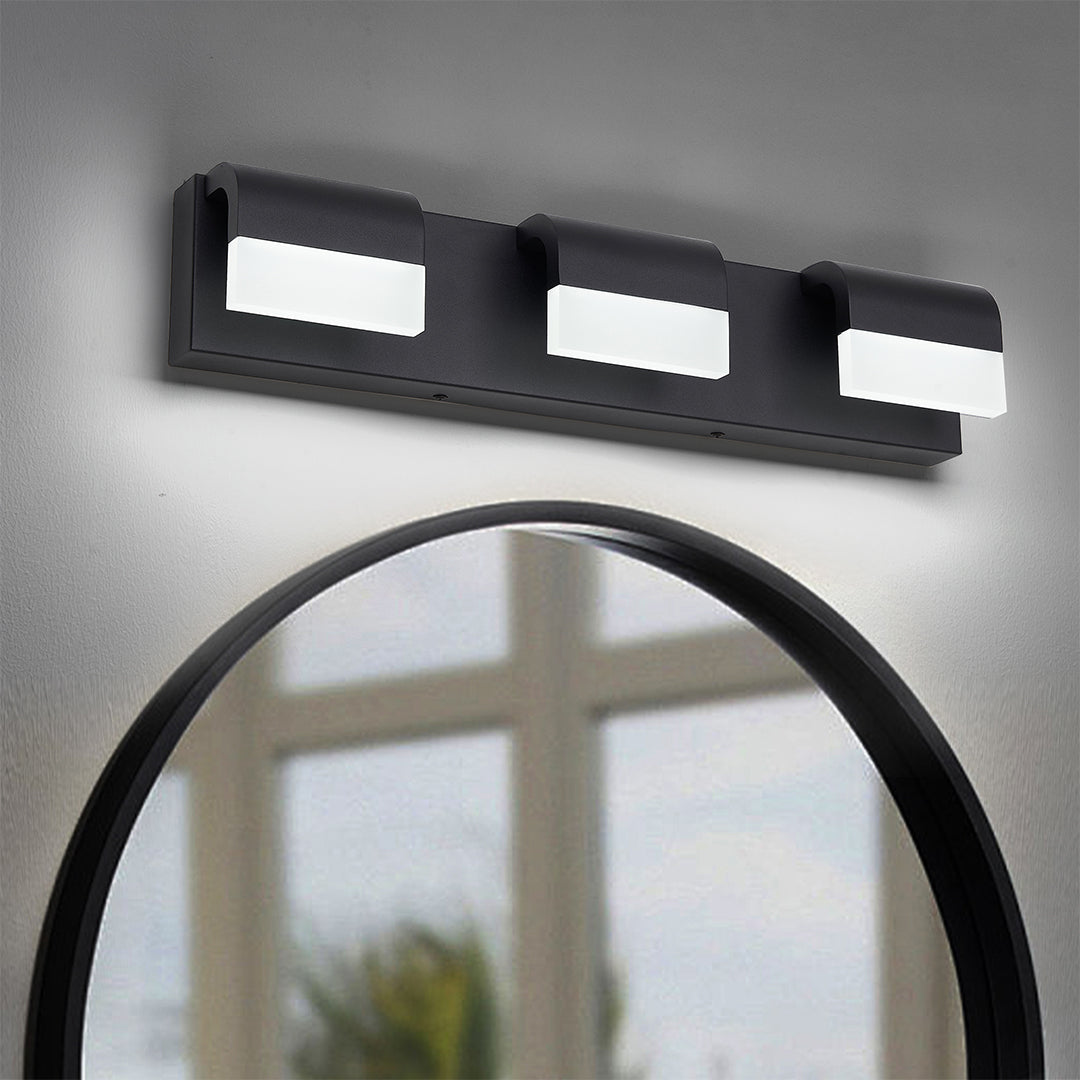 Modern Bathroom Vanity Light — Black Iron, White Acrylic, Integrated LED 6000K, 3- to 6-Light