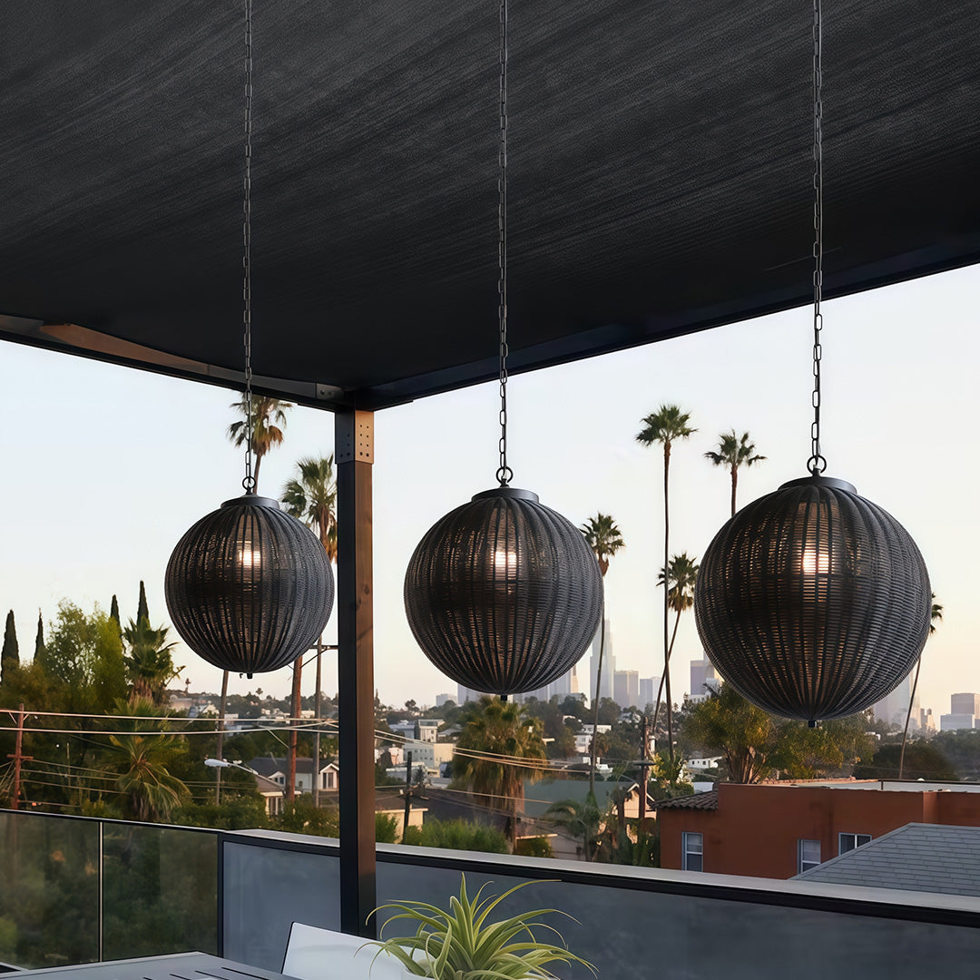 Woven Rattan Outdoor Pendant Light — Black Iron, LED, 7W, 47.2" Adjustable Chain, 3 Sizes