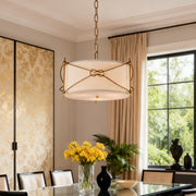 Drum Pendant Light — White Acrylic and Gold Metal Frame, 19.7" Diameter, E12, Adjustable Chain