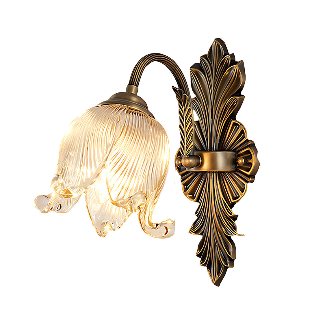 Petal Glass Shade Brass Wall Sconce — Solid Copper, Hand-Blown Glass, E14 Full-Spectrum, CRI≥97, Single or Double Head