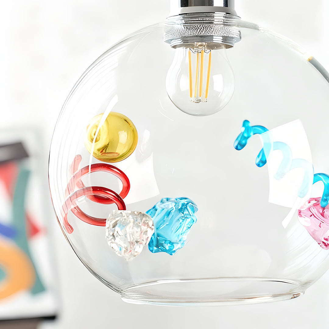 Memphis-Inspired Geometric Pendant Light — Iridescent Glass, White Frame, E27, Adjustable Cord