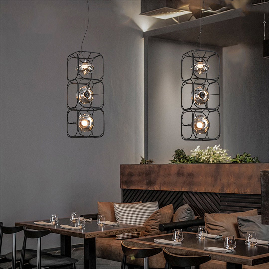 Magic Cube Caged Geometric Pendant — Black Iron, Smoked Glass, LED, 7W–28W, 1- to 4-Light