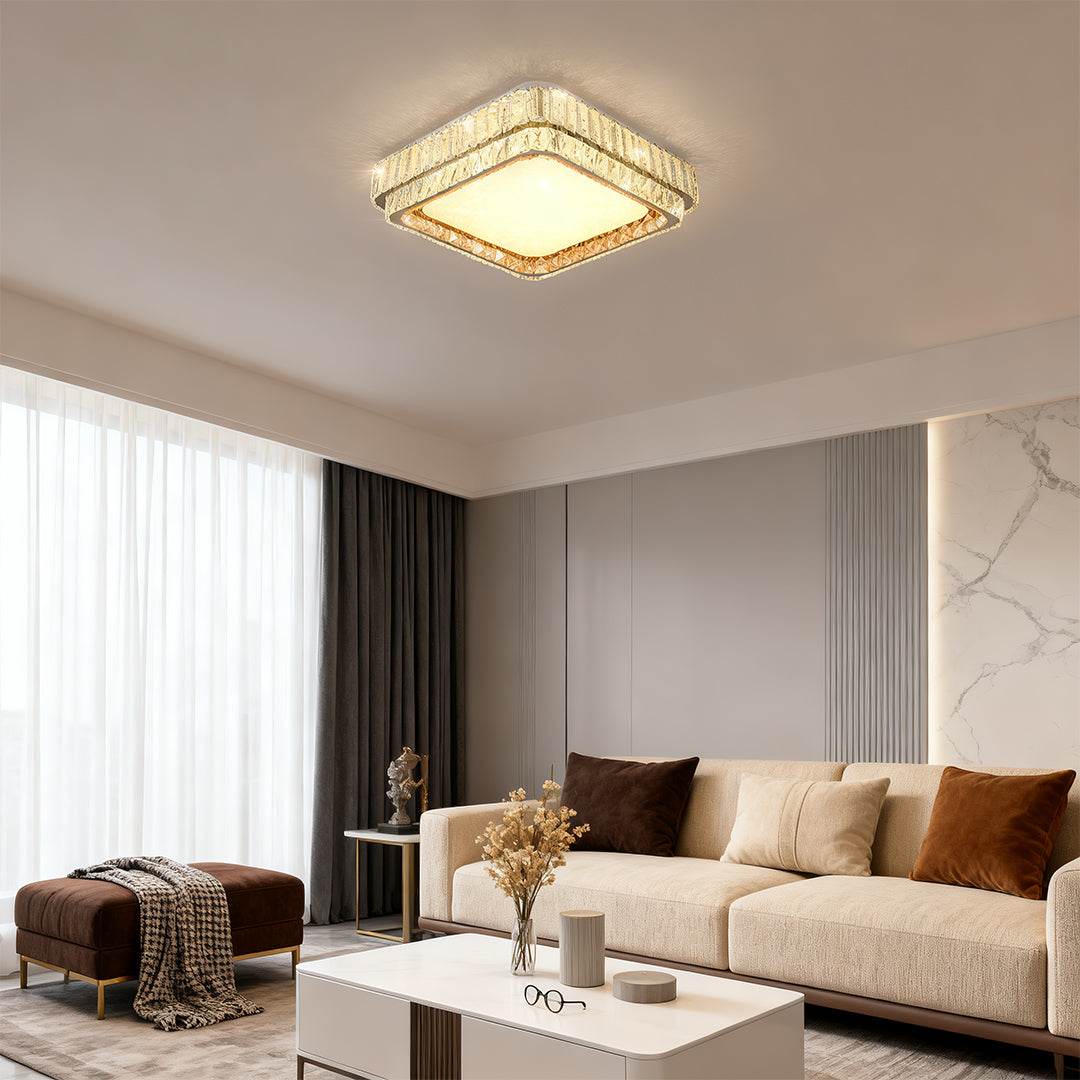 Modern Crystal Flush-Mount — Stainless Steel, Chrome, Full-Spectrum Eye-Care LED, Three-Color Dimming, Round / Square / Rectangle