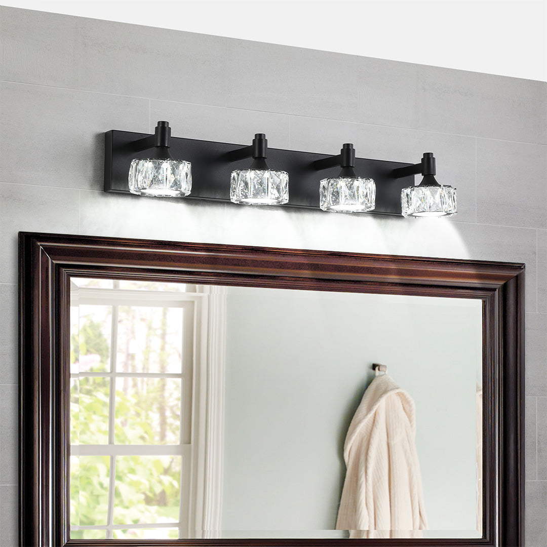 Modern Crystal Bathroom Vanity Light — Black Iron, 6000K LED, 30W, 4-, 5-, or 6-Light