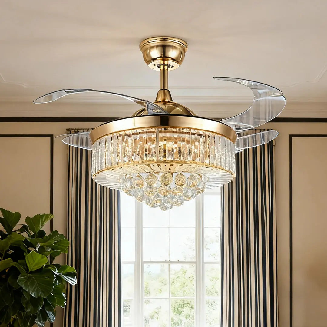 Luxury European-Style Crystal Ceiling Fan with Lights in Gold Iron Luxe