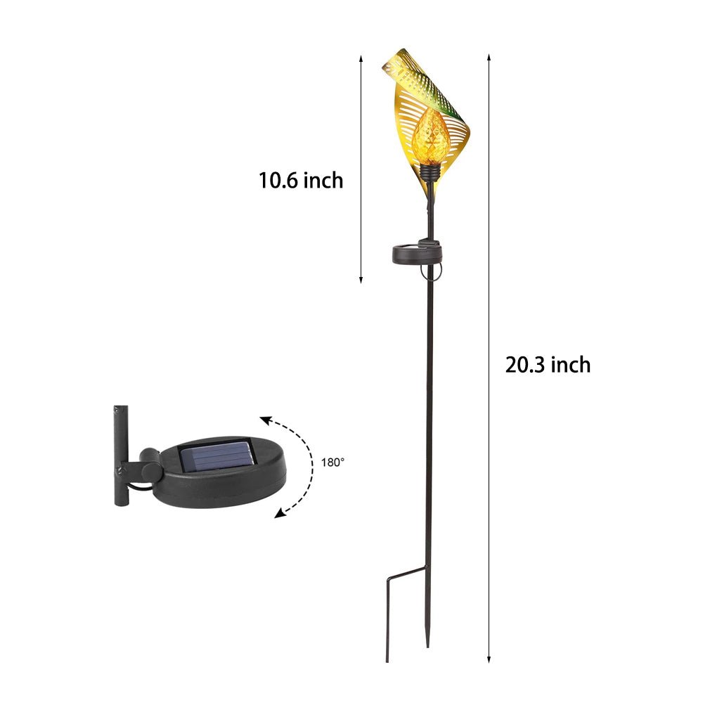 Curled Leaf Solar Lawn Light — Black Metal, LED Warm White, IP65, 20.3" Post