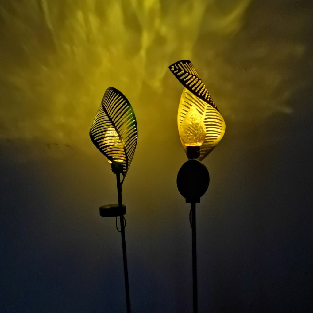 Curled Leaf Solar Lawn Light — Black Metal, LED Warm White, IP65, 20.3" Post