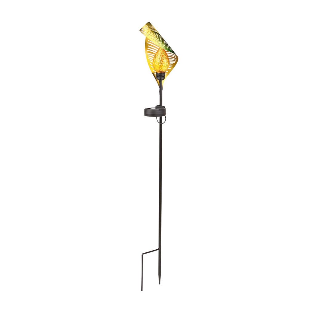 Curled Leaf Solar Lawn Light — Black Metal, LED Warm White, IP65, 20.3" Post