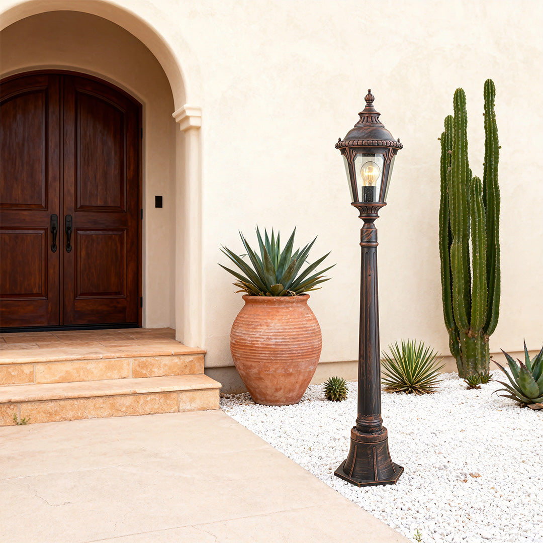 Geometric Outdoor Post Light — Sand-Black Aluminum, Clear Glass, 9W E26, IP44, 43"H
