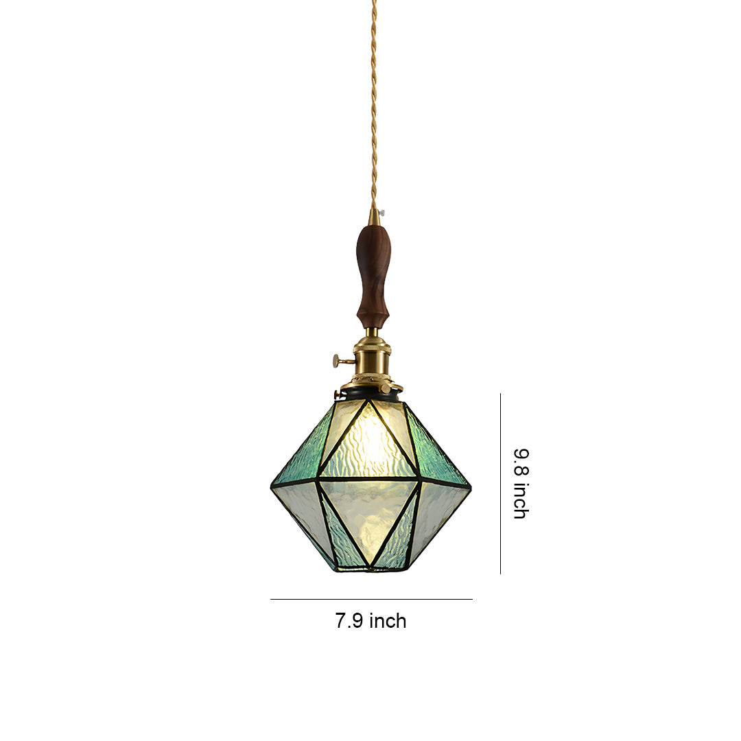 Diamond-Shaped Mini Pendant — Antique Brass, Wood and Tiffany Glass, 16W E27, 2m Adjustable Cord