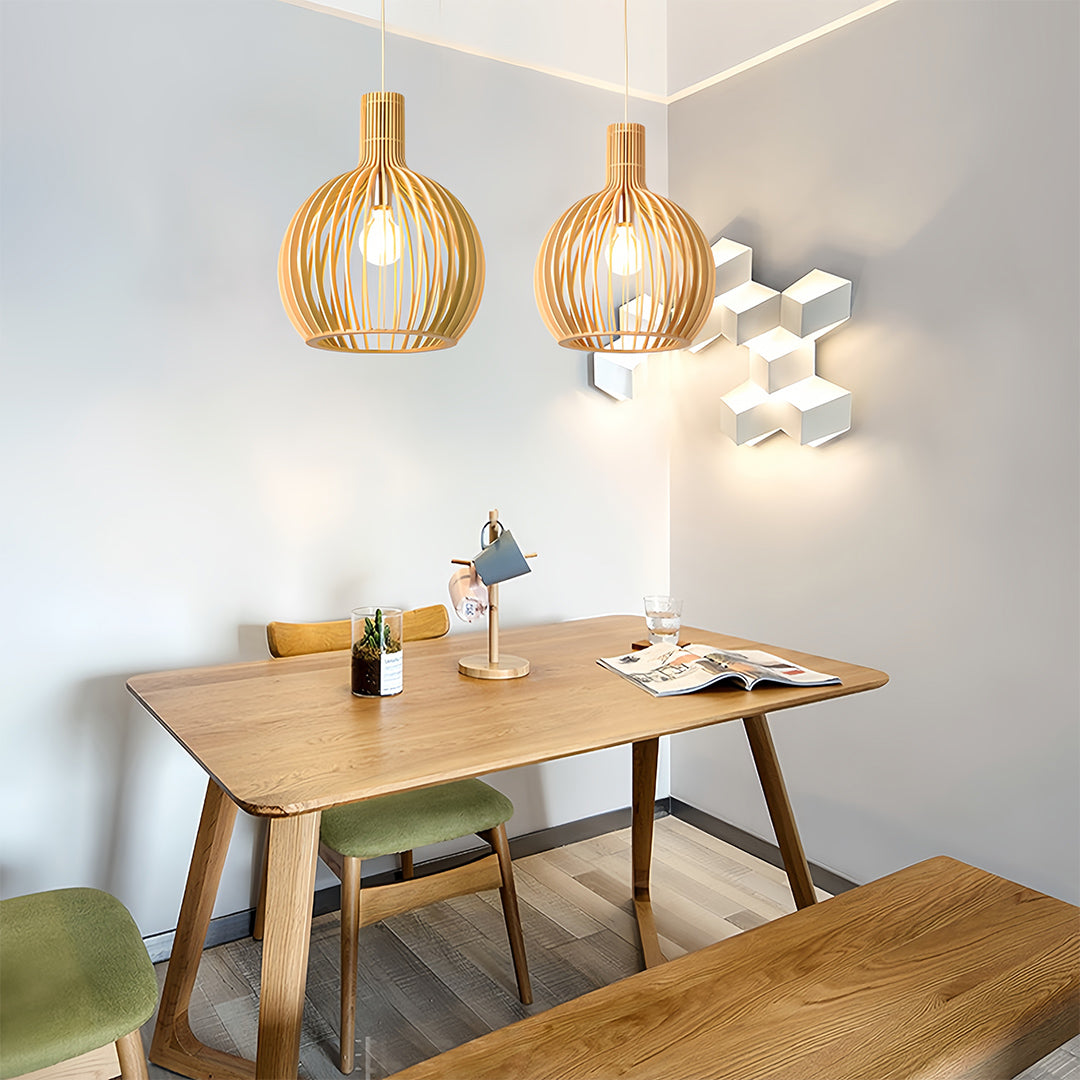 Birdcage Pendant Light — Handcrafted Birch Wood, 12W LED E27, 3-Step Dimming, Adjustable Chain, 3 Sizes